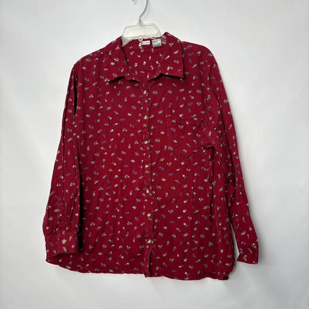 North Crest Womens 3X Burgundy Red Floral Cotton Button Front Long Sleeve Shirt